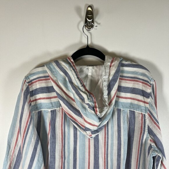 LL Bean Hoodie Womens XL‎ Blue Pink White Striped Linen Drawstrings Thin Coastal - Picture 9 of 10